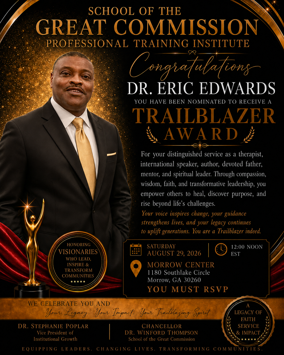 Trailblazer Award tribute presented to Dr. Eric Edwards by the School of the Great Commission Professional Training Institute on August 29, 2026